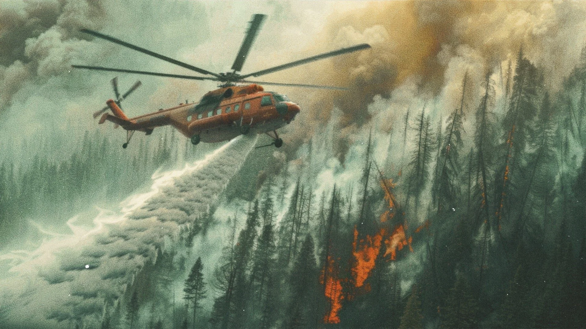 helicopter putting out wildfire with water