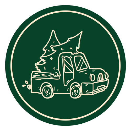 A circular logo with a green background and white outline of a truck carrying a pine tree.