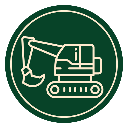 Line drawing of an excavator inside a circular border.