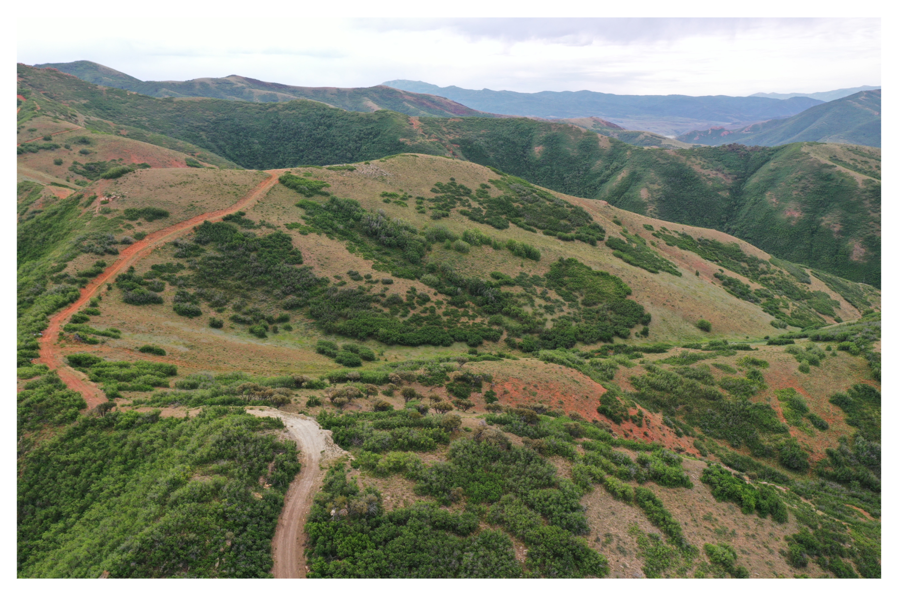 aerial image of rolling hills and trail in the mountains