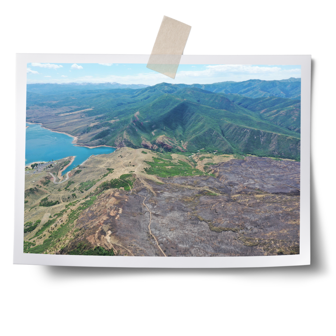 landscape aerial view of utah burn scar, mountains, and lake