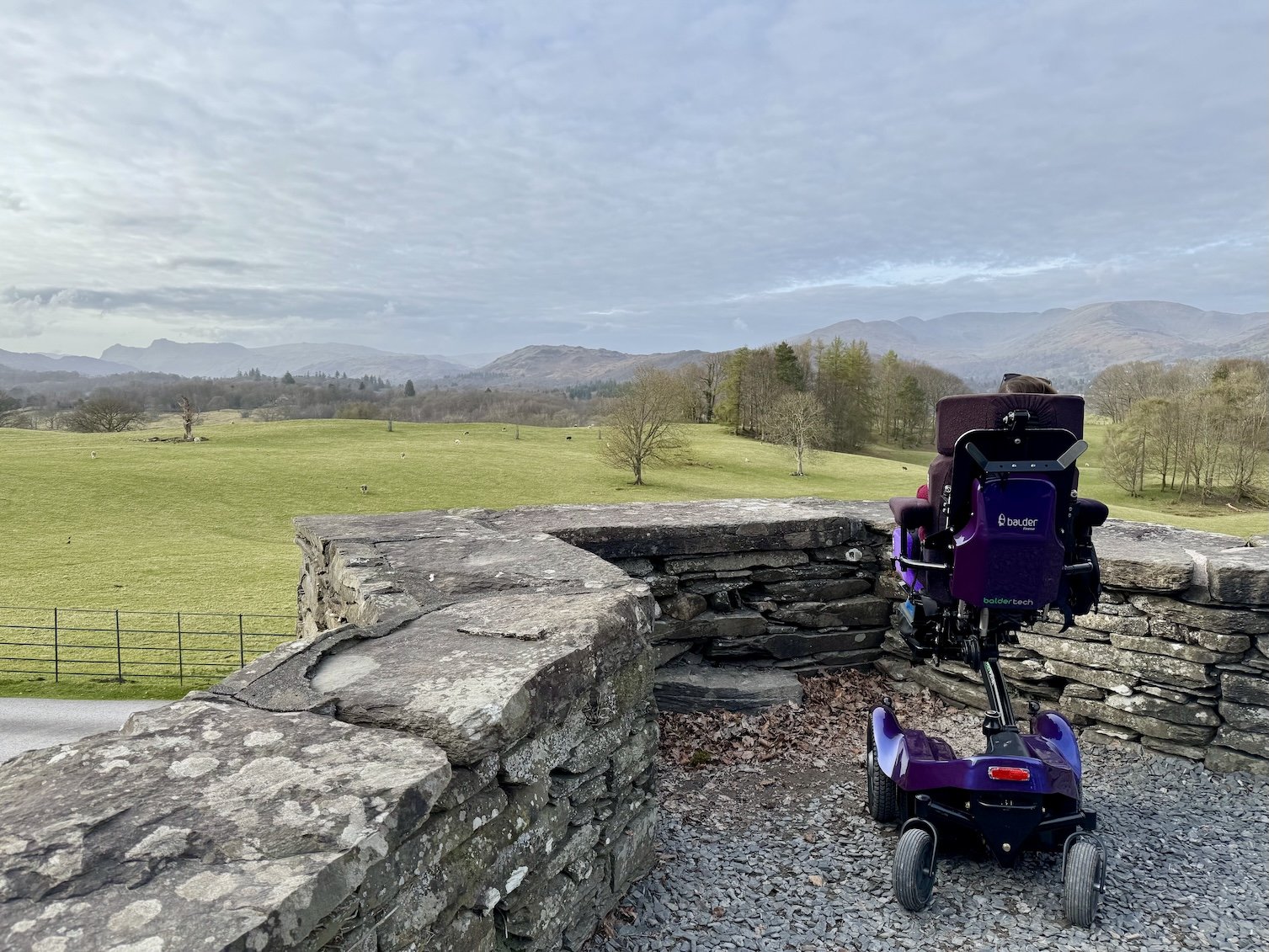 A wheelchair user enjoying the Lake District views at National Trust Wray Castle 