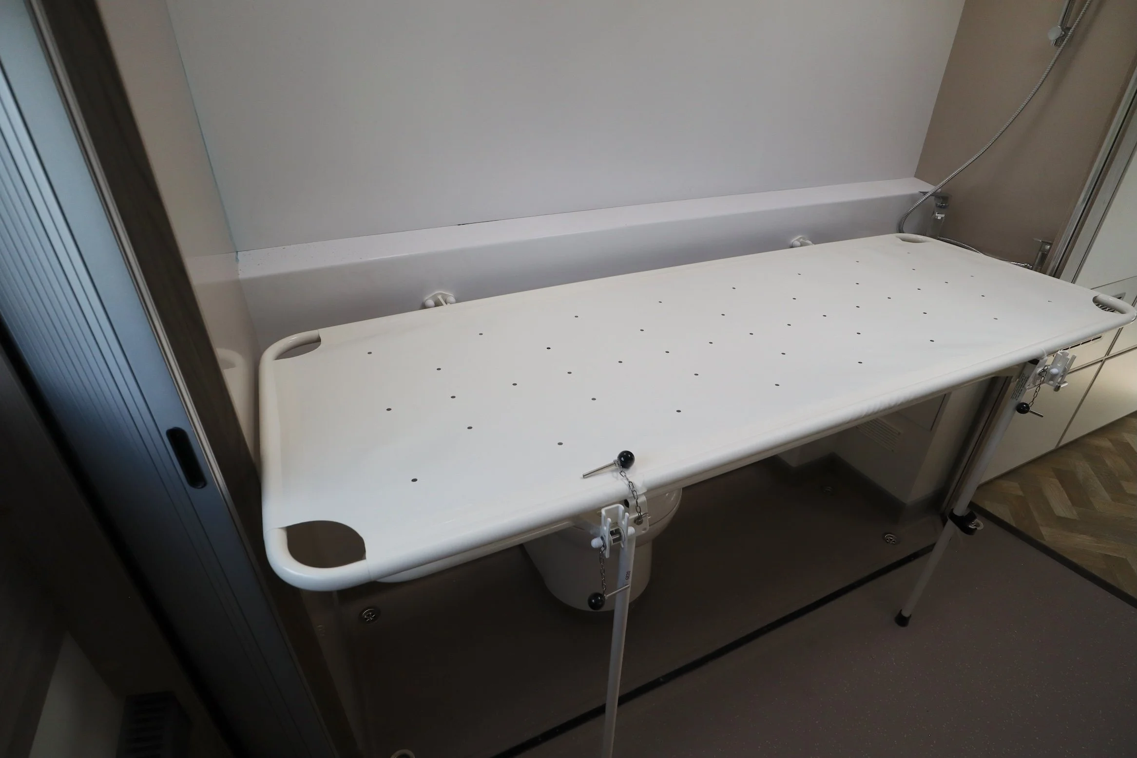  A modified washroom in a disabled accessible motorhome. Above the toilet is a fold-down shower bed.  