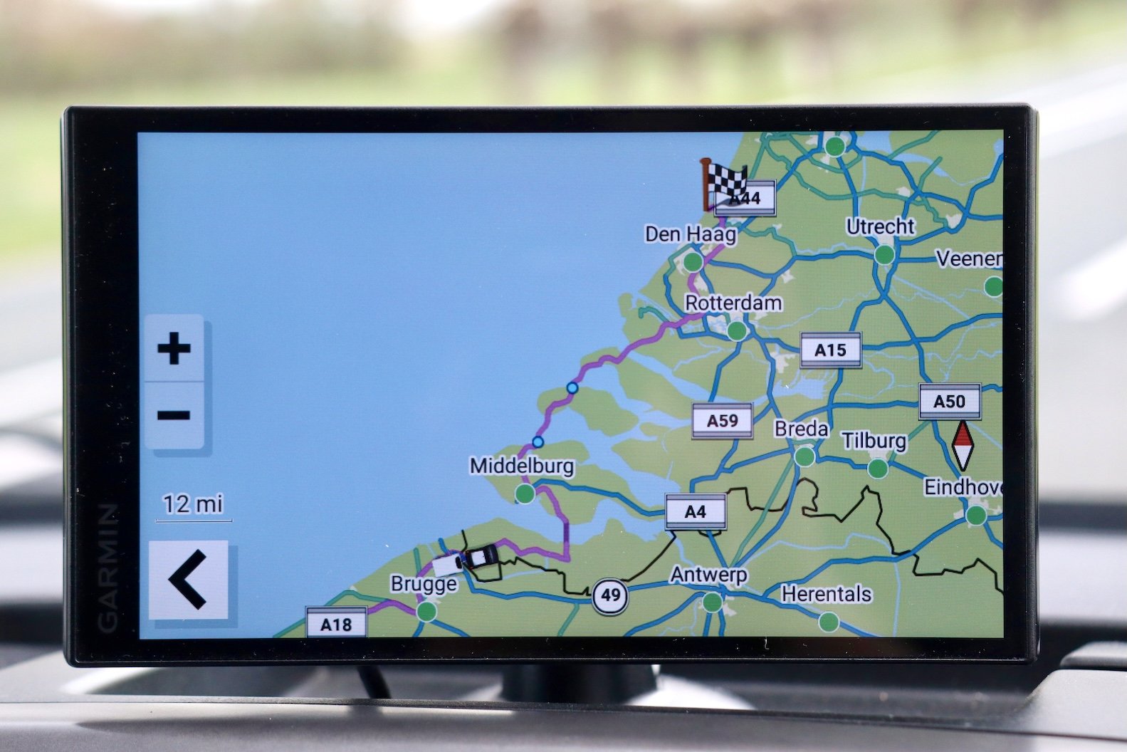 A Garmin Avtex Tourer sat nav displaying a route through the Netherlands  