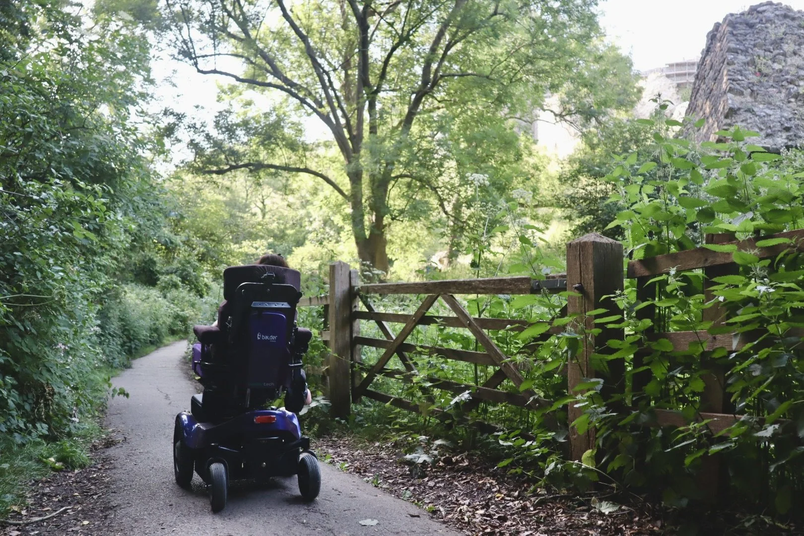  Karla in her Balder powerchair, on the accessible walk at National Trust Corfe Castle 