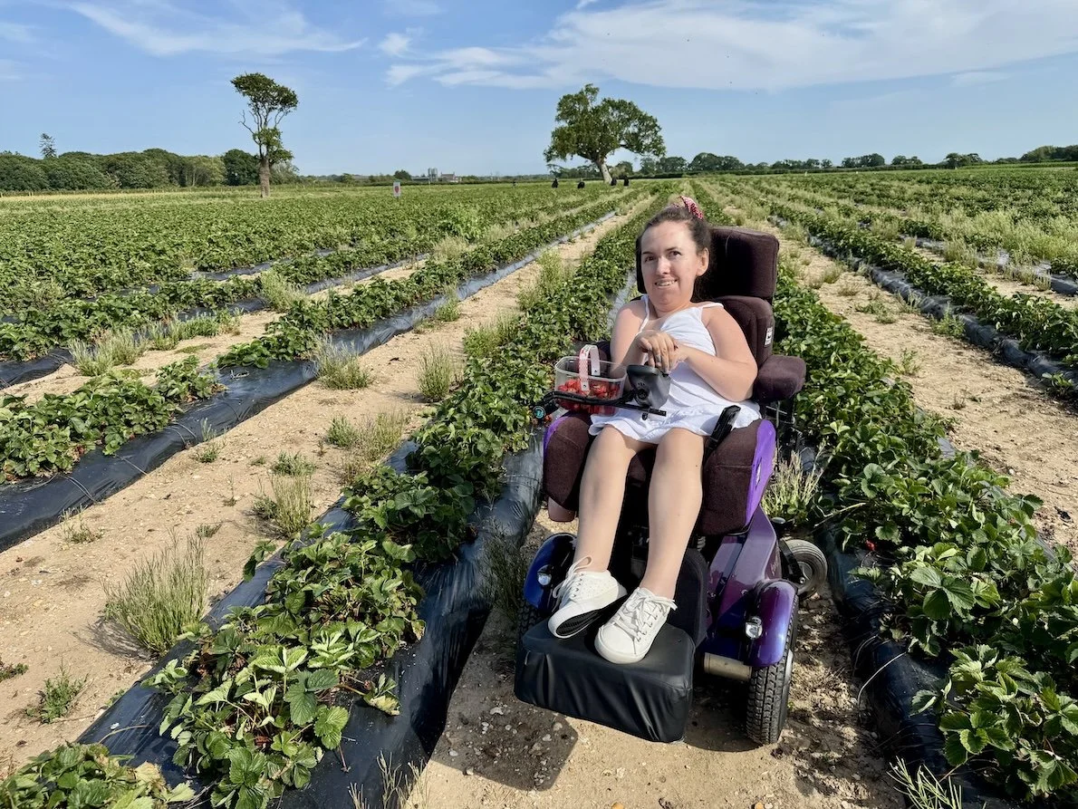  Karla in her wheelchair, strawberry picking at Dan Tanners Sopley Farm in the New Forest 