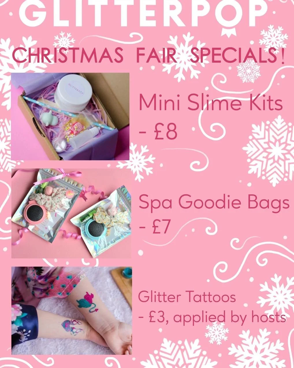 🎄✨ Come see us at St Joseph&rsquo;s School in Guildford! ✨🎄
We&rsquo;ll be there on 29th from 12&ndash;3pm for the Christmas Fair!

We&rsquo;ll be selling our famous Slime Kits and Party Spa Party Bags 💖
And our fabulous team will be applying supe