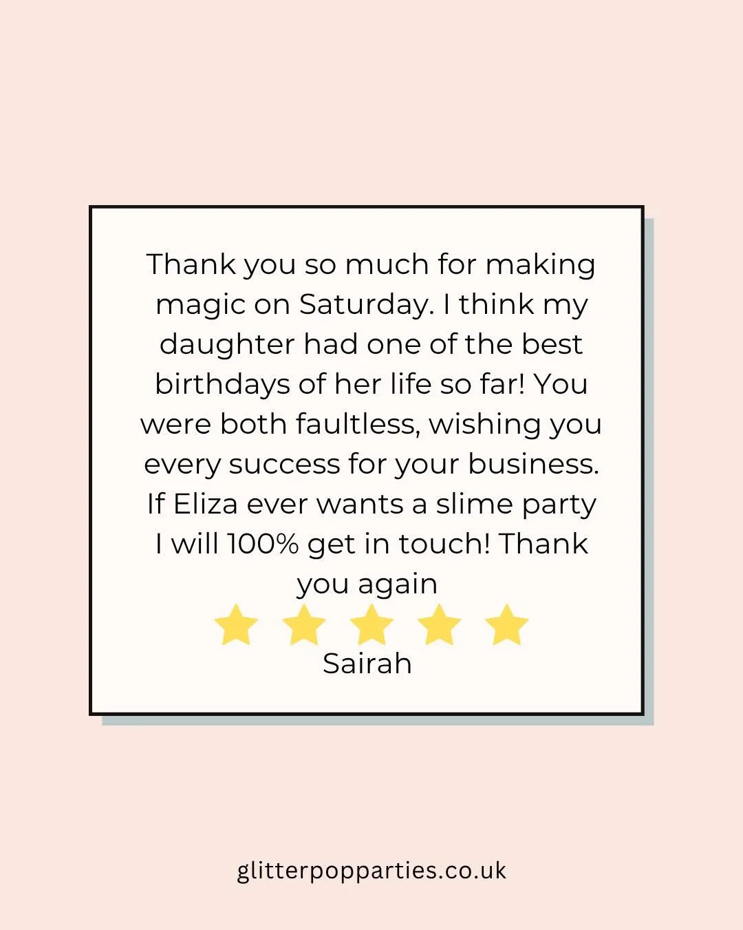 Thank you, Sairah, for the kind words. Creating magical memories for your child is what we love most! 💖✨ #girlsparties #KidsParties #surreymumsinbusiness #surreyparties #Glitterpop #SlimeTime #glitterpop #FunForKids