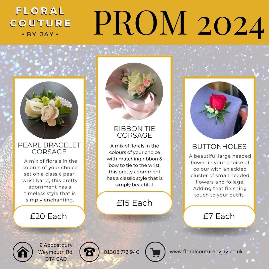 🪩PROM 2024🪩

It&rsquo;s coming up to that time of year again &amp; our diary is open ready to take your orders for corsages &amp; buttonholes 🙌

Pearl bracelet corsages- &pound;20.00 each
Ribbon Tie corsages- &pound;15.00 each 
Buttonholes - &poun