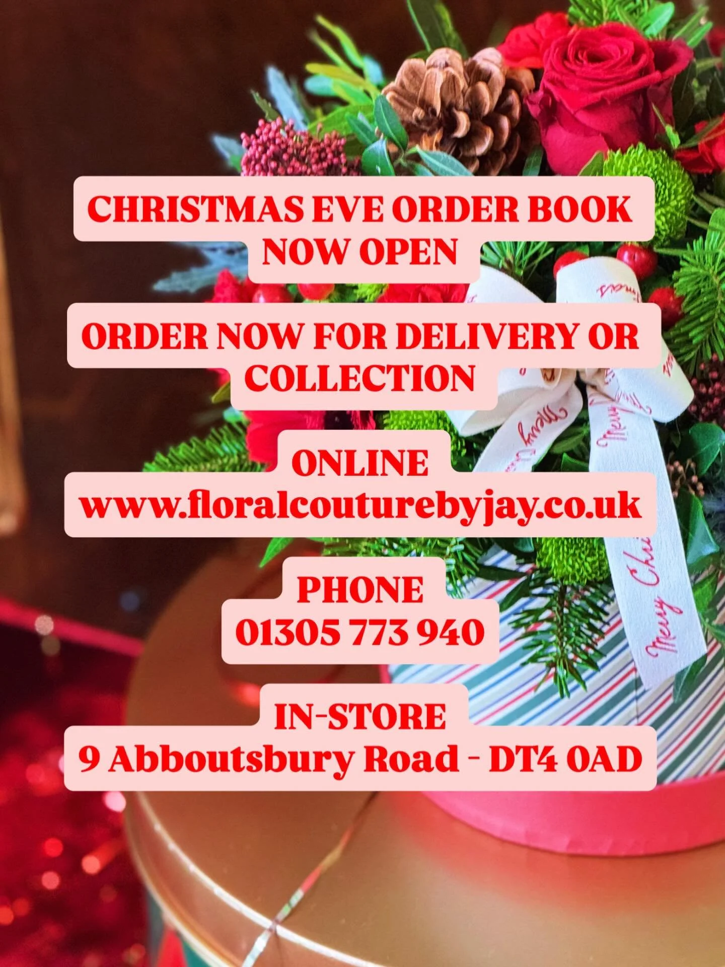 CHRISTMAS EVE ORDER BOOK NOW OPEN 🙌

Be quick as delivery/order slots fill up fast 😘

Merry Christmas 🫶