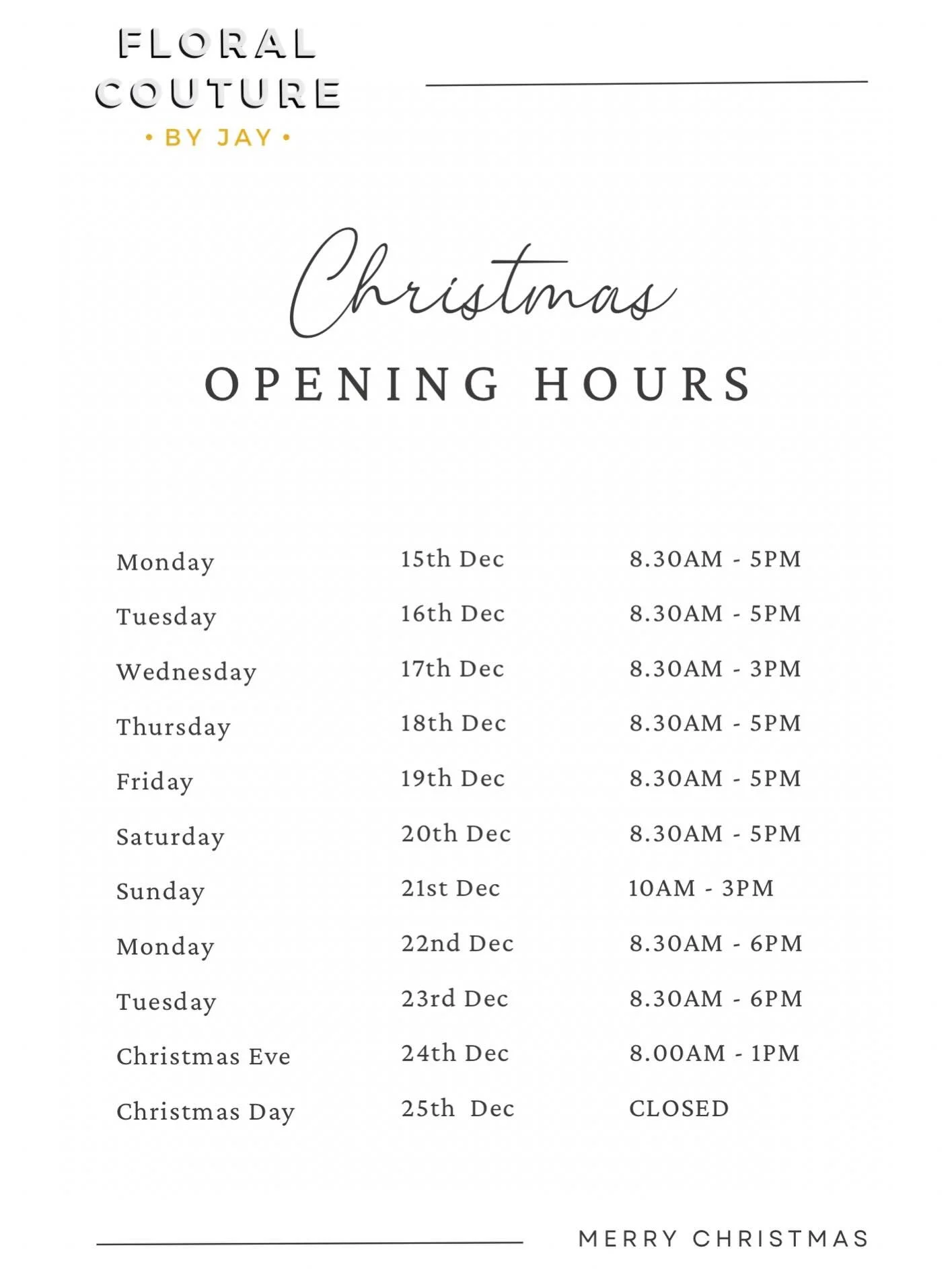 🎄CHRISTMAS OPENING HOURS🎄

We have some extended opening hours on certain days as well as being open on Sunday 21st 🫶

Delivery slots available on all days apart from Sunday 21st which is collection only, please note spaces are filling up fast so 