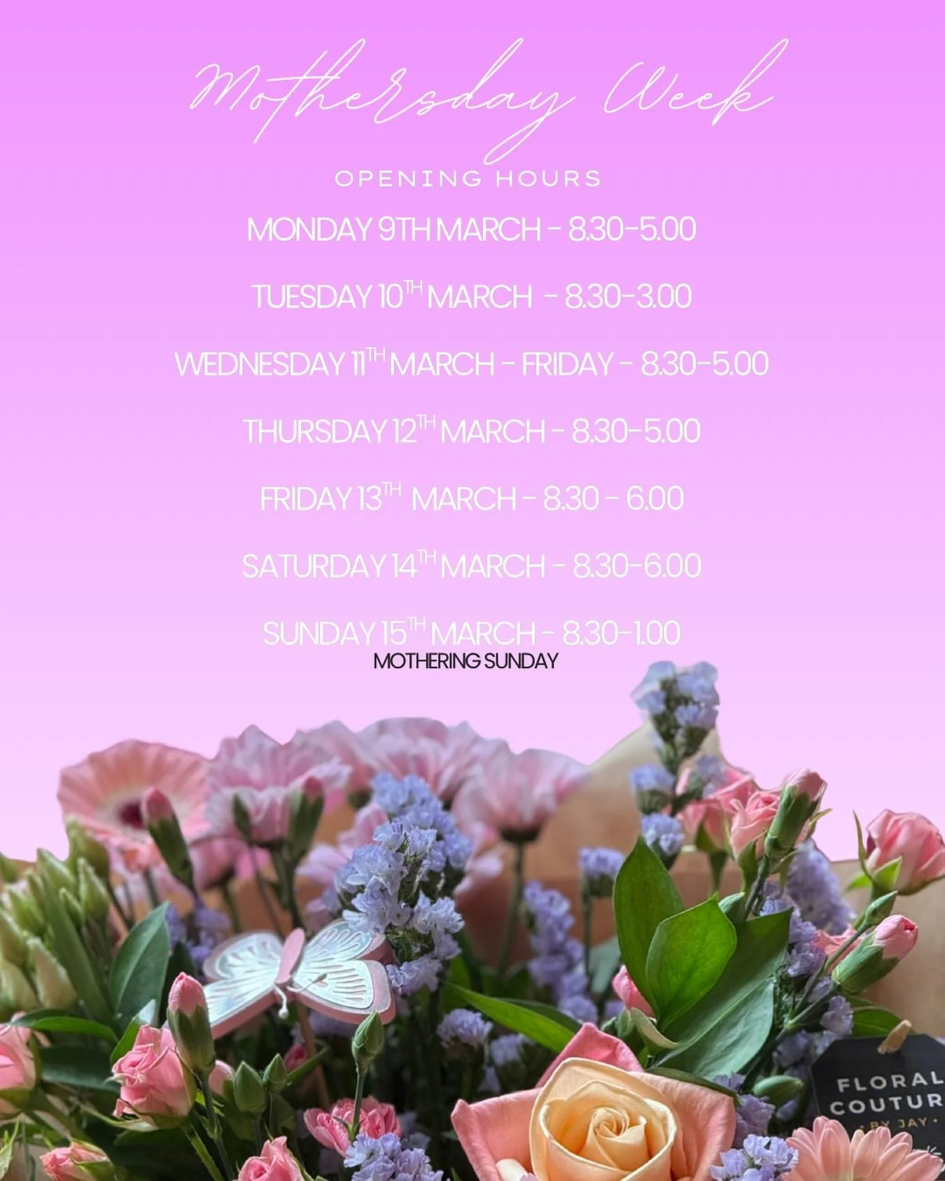 Those all important Mother&rsquo;s Day opening hours, a day late sorry 🫣

We are delivering both Saturday &amp; Sunday or you can collect 🙌

Order in store, by phone or online 🫶