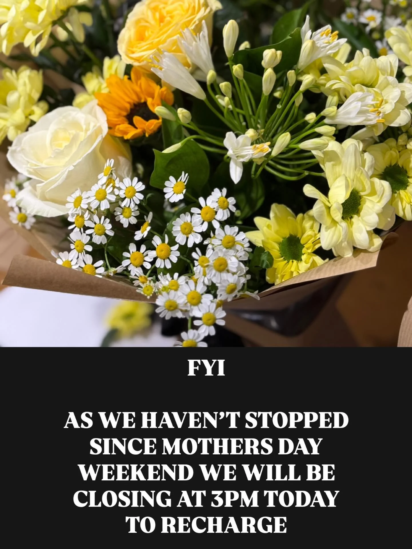 We will be closing at 3.00 PM today just to have a little recharge as haven&rsquo;t stopped since Mother&rsquo;s Day weekend! 

We are open as normal tomorrow 8.30-1.00 😘

Thank you for your understanding- Jay x