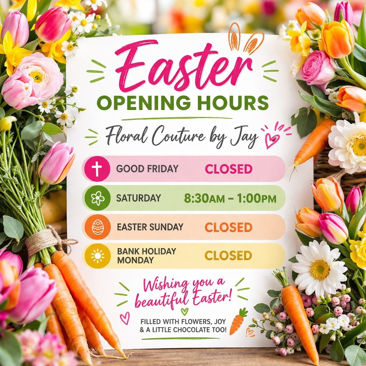 🌸🐣 Easter Opening Hours 🐣🌸

Floral Couture by Jay will be open this Easter weekend as follows:

✨ Good Friday &ndash; CLOSED
✨ Saturday &ndash; 8:30am &ndash; 1:00pm
✨ Easter Sunday &ndash; CLOSED
✨ Bank Holiday Monday &ndash; CLOSED

Wishing all