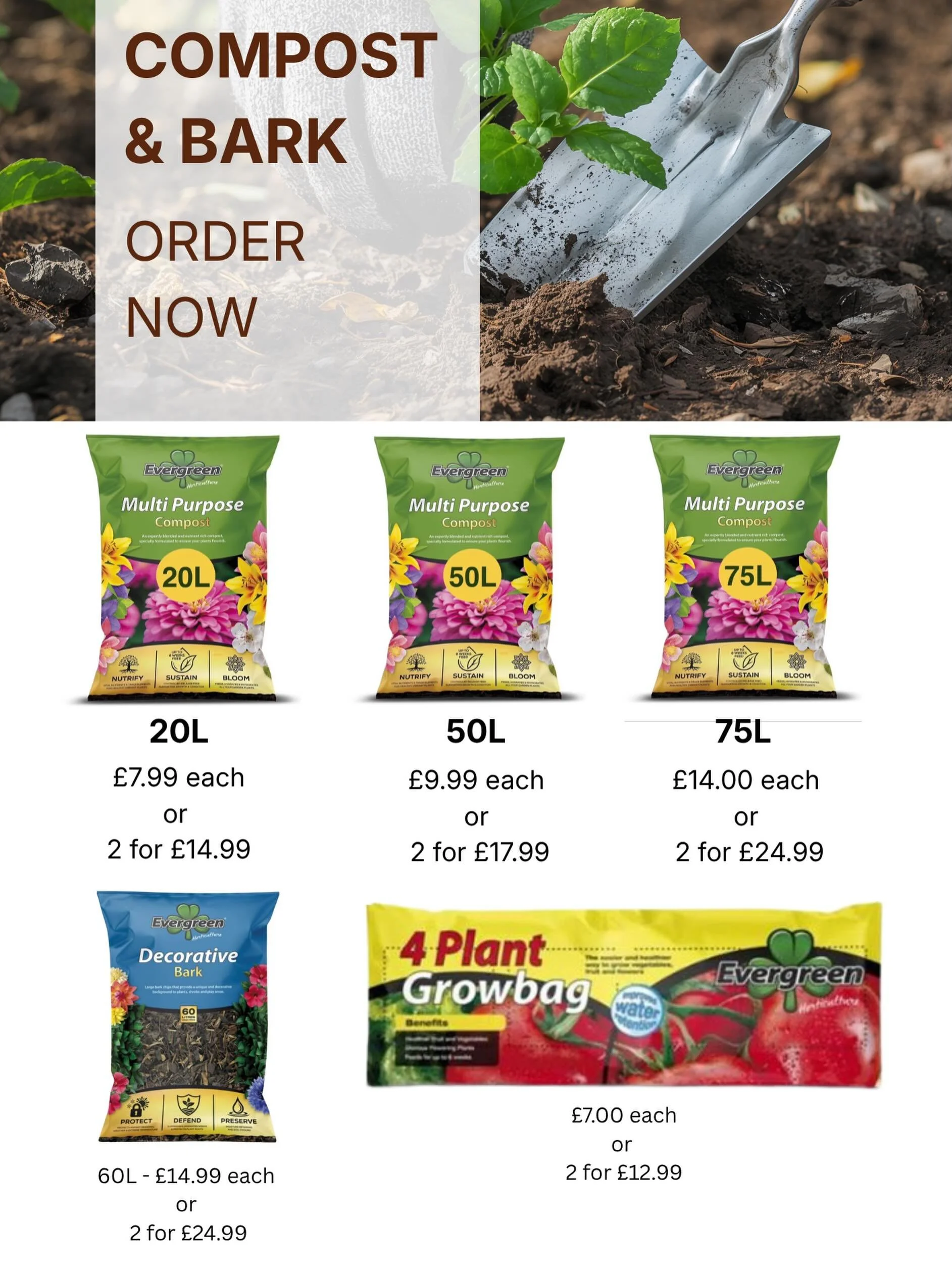 🌱🌼 Compost &amp; Bark &ndash; Pre-Order Now for the Bank Holiday! 🌼🌱

Get your garden ready just in time for the long weekend! Whether you&rsquo;re planting, potting, or refreshing your outdoor space, we&rsquo;ve got the compost, bark, and growba