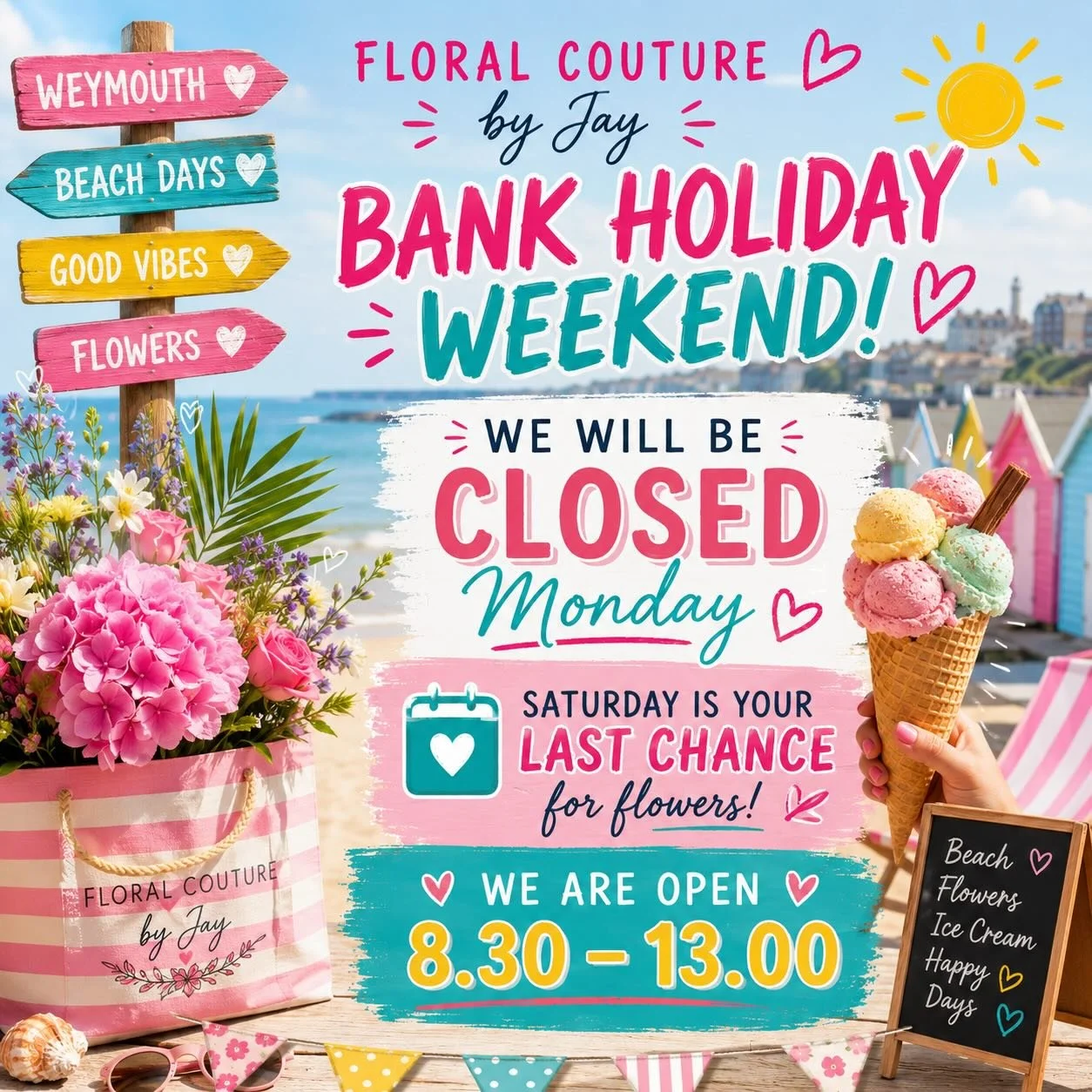 ☀️🌸 BANK HOLIDAY WEEKEND VIBES 🌸☀️

We&rsquo;ll be CLOSED on Monday for the Bank Holiday, so Saturday is your LAST chance to grab your gorgeous blooms before the long weekend 💐🍦🏖️

Pop in and see us for all your fresh flowers, gifts &amp; weeken
