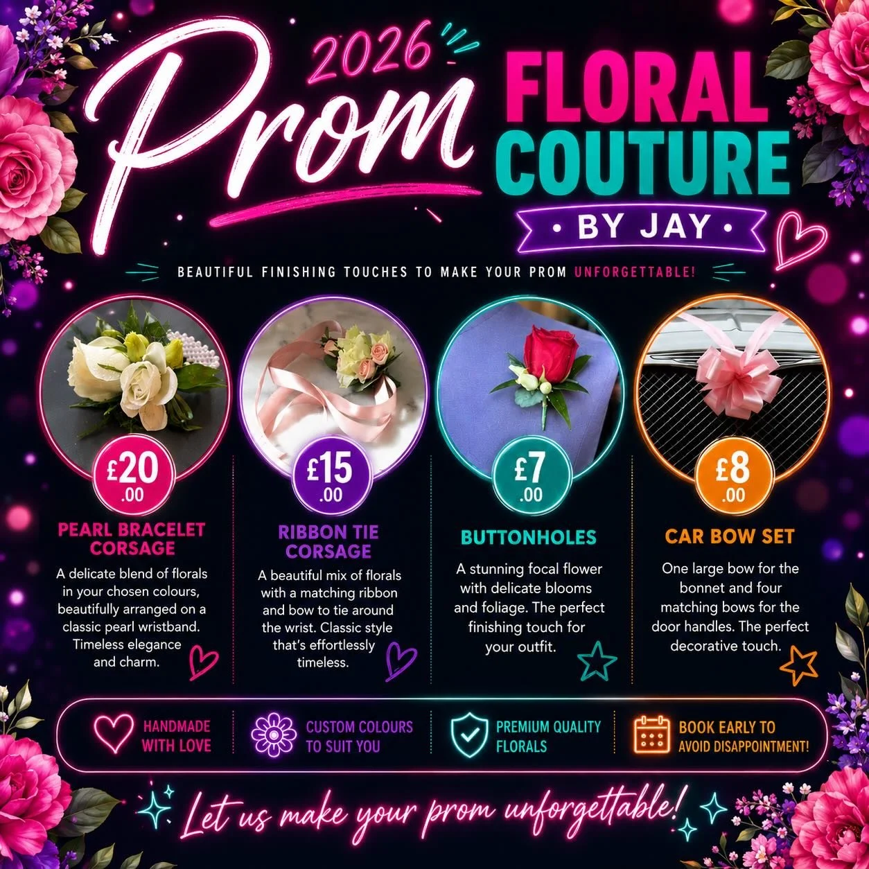 ✨ PROM 2026 ✨

Make your prom night unforgettable with our beautiful handmade floral accessories 💐💖

From elegant pearl bracelet corsages to ribbon tie corsages, buttonholes &amp; car bow sets &mdash; everything can be customised to match your dres