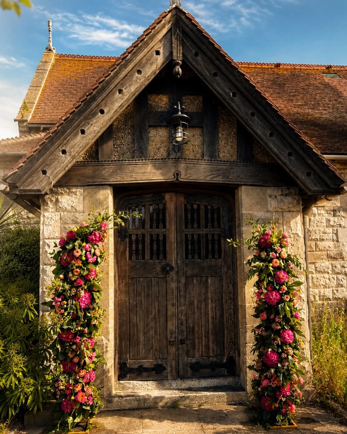 Today&rsquo;s wedding installation 🌸✨

We transformed this beautiful church entrance with a lush broken arch overflowing with vibrant pink blooms, garden roses, hydrangeas, seasonal florals, and cascading greenery. Designed to create a romantic firs