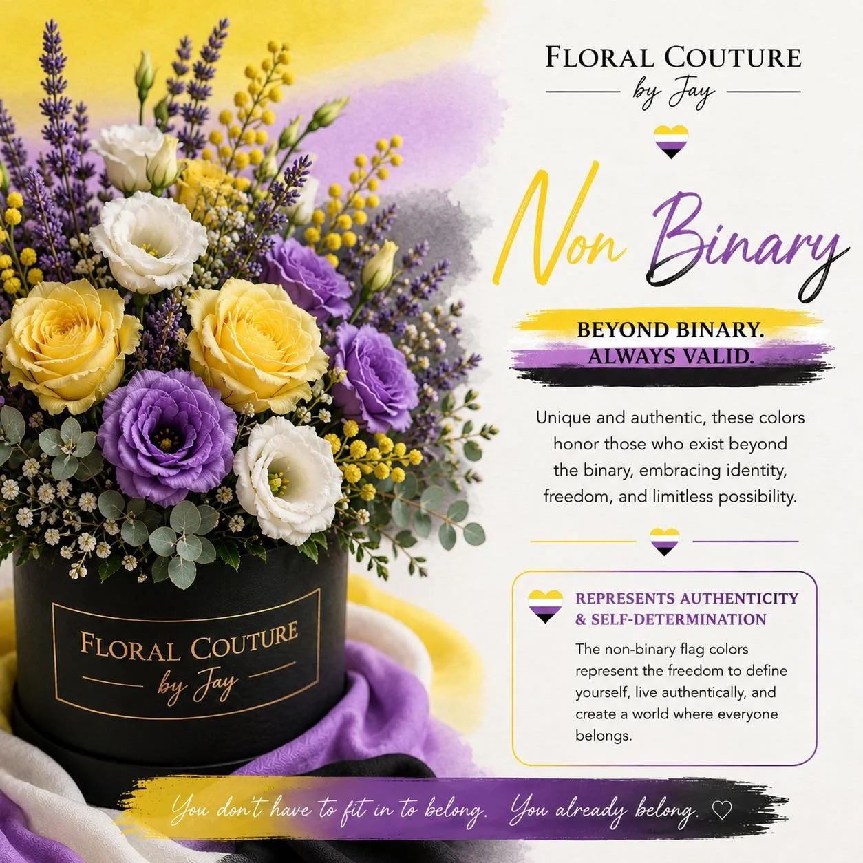 💛🤍💜🖤 Pride Month Spotlight: Day 8: Non-Binary Pride 🖤💜🤍💛

Today we&rsquo;re celebrating the colours of the Non-Binary Pride Flag&mdash;a symbol of authenticity, self-determination, and the freedom to exist beyond traditional expectations.

Fe