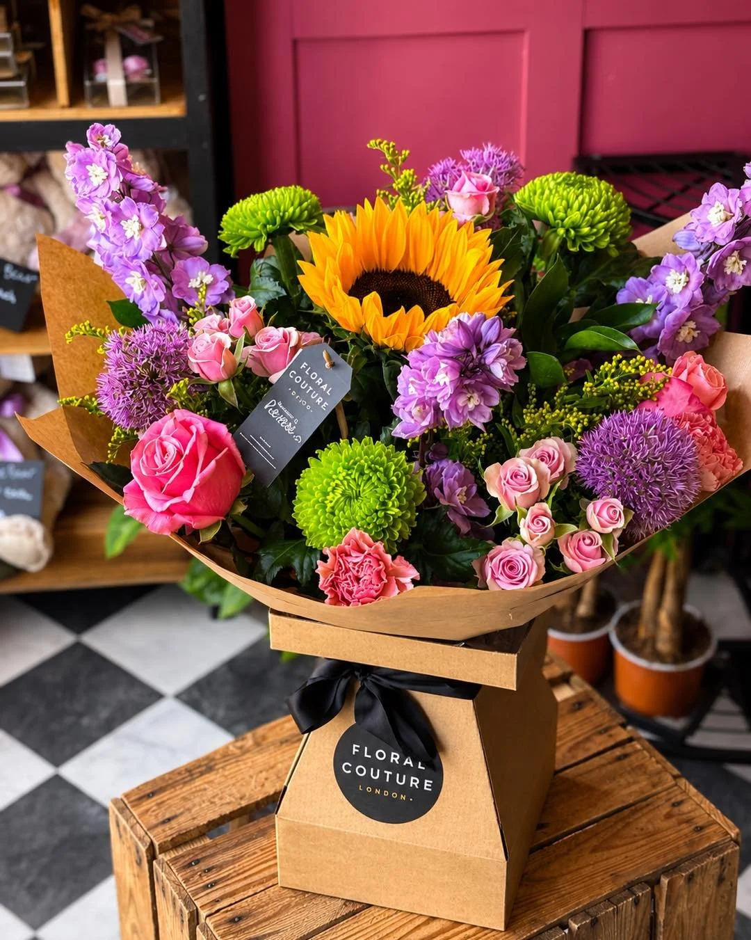 🌻 A bouquet that brings pure joy. 🌸

Bright, bold, and bursting with colour, this hand-tied arrangement is designed to make someone&rsquo;s day unforgettable. Featuring a stunning sunflower at its heart, paired with elegant pink roses, vibrant purp