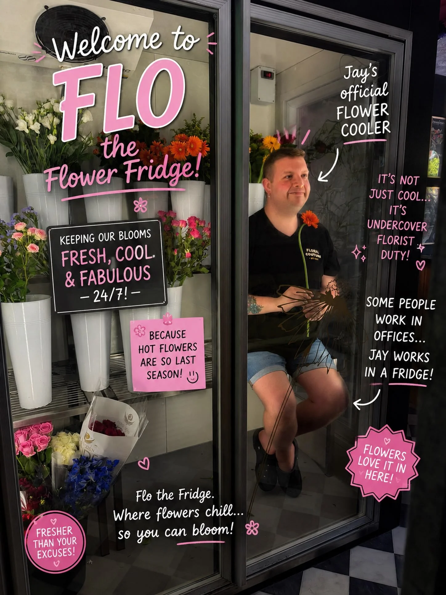🥶🌸 Meet Flo&hellip; the coolest member of the team! 🌸🥶

People often ask how we keep our flowers looking so fresh&hellip;

Well&hellip; we keep them chilled in Flo the Flower Fridge. ❄️💐

As for Jay? He seems to think he&rsquo;s one of the flowe
