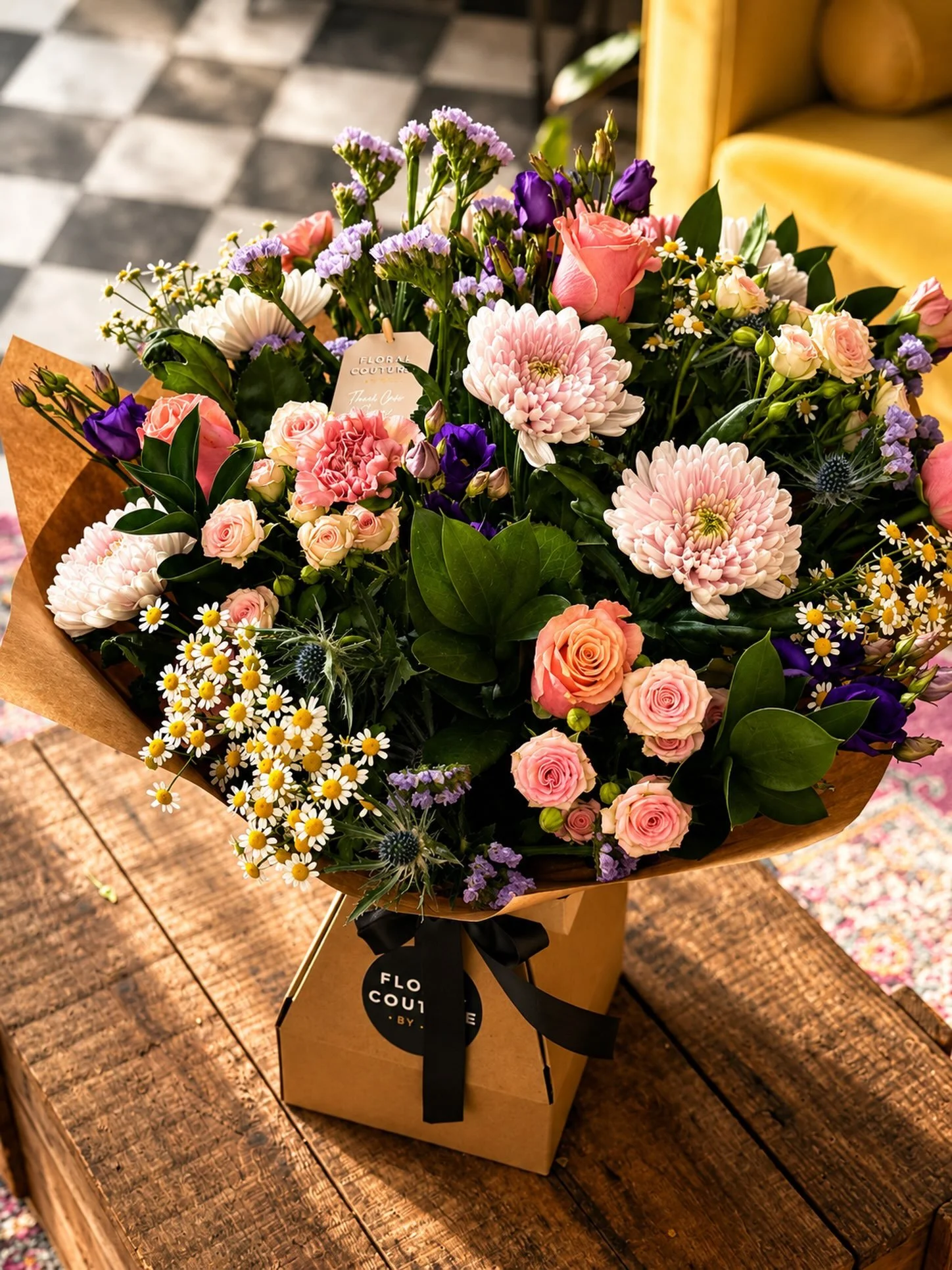 🌸 A bouquet designed to make an unforgettable impression. 🌸

This luxurious arrangement brings together soft blush roses, delicate spray roses , pretty pink blooms, cheerful daisies, and lush greenery for a look that feels romantic, joyful, and eff