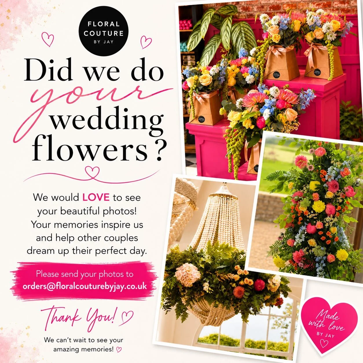💐 Did Floral Couture by Jay create your wedding flowers? 💐

We would absolutely love to see your beautiful wedding photos! ❤️

There is nothing better than seeing our flowers as part of your special day, and your photos help us celebrate those wond
