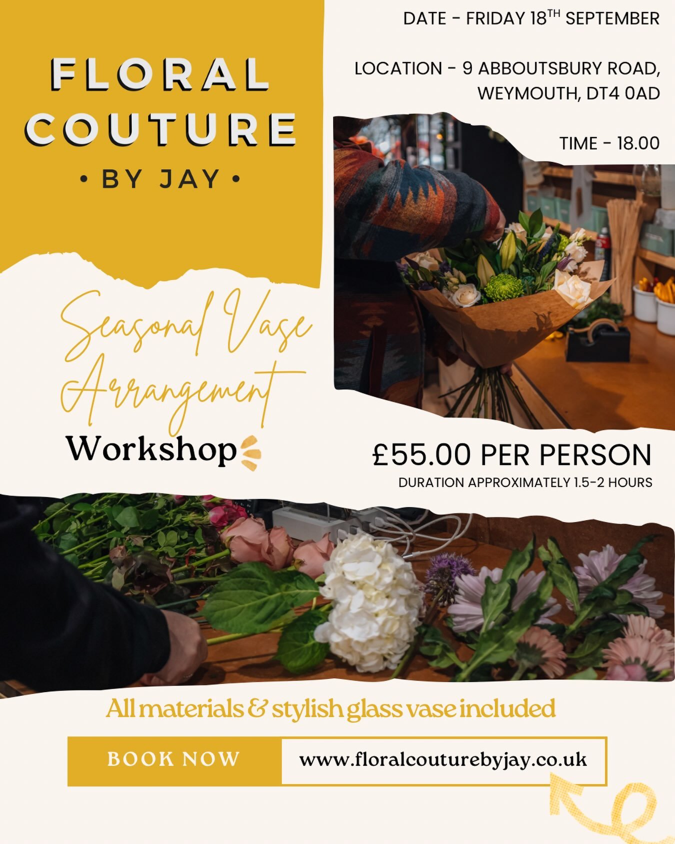 🌸 Fancy an evening of flowers, creativity &amp; a little time for yourself? 🌸

Join us at Floral Couture by Jay for our Seasonal Vase Arrangement Workshop 💐

Whether you&rsquo;re a complete beginner or already love arranging flowers, you&rsquo;ll 