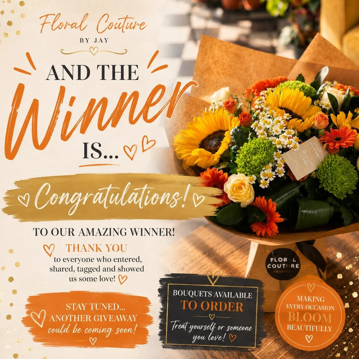 🥁💐 AND THE WINNER IS&hellip; 💐🥁

Drum roll pleaseeeee&hellip; 🥁👀🌸

A HUGE congratulations to&hellip;

🎉💐ELLIE GREEN💐🎉

You&rsquo;ve won a gorgeous Floral Couture by Jay bouquet! 🌸✨

Please pop us a message to claim your prize! 💕

A massi