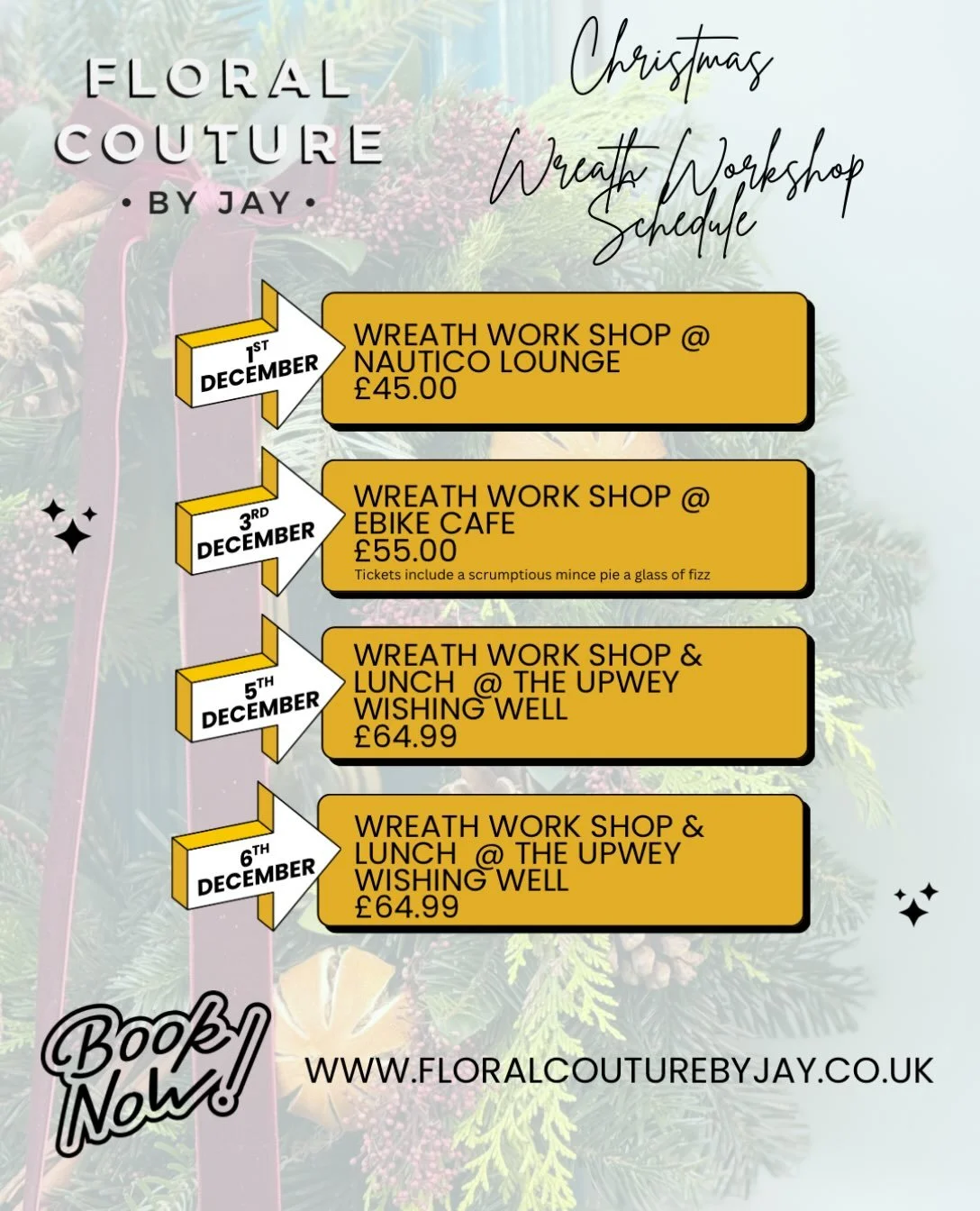 🎄✨ CHRISTMAS WREATH WORKSHOPS ARE HERE! ✨🎄

It&rsquo;s nearly the most wonderful time of the year&hellip; and we&rsquo;re getting ready to deck the doors! 🎀🌲

Join Floral Couture by Jay this December and create your very own beautiful Christmas w