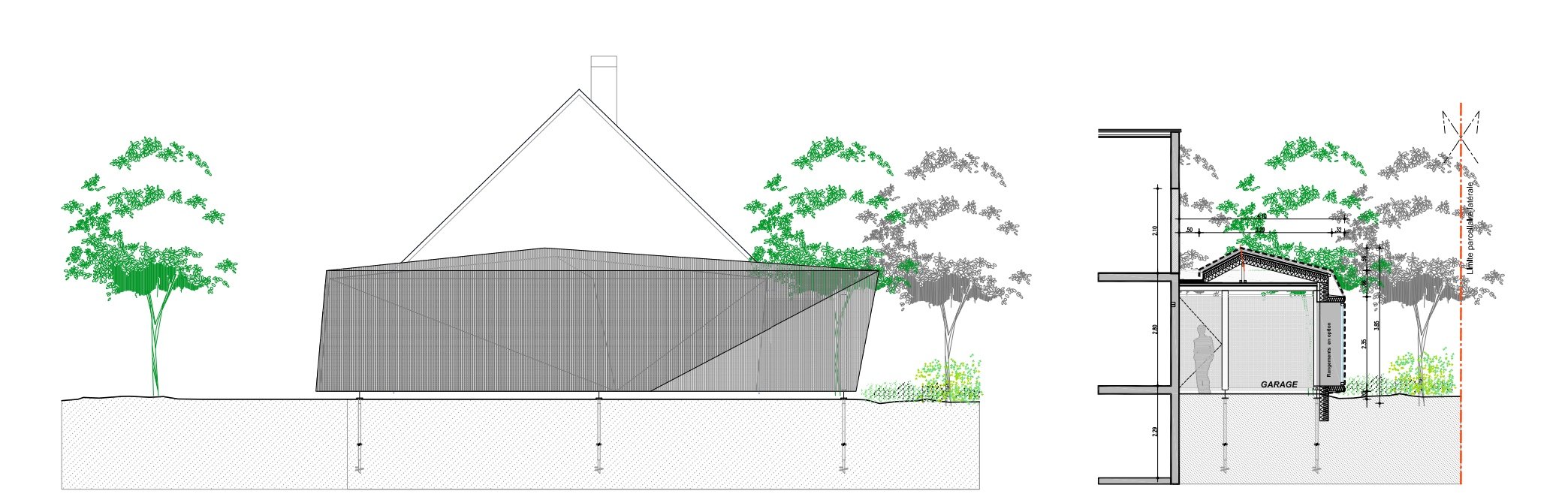 PROJET Indice 0 : Elevation Nord, garage / Coupe transversale, sur le garage