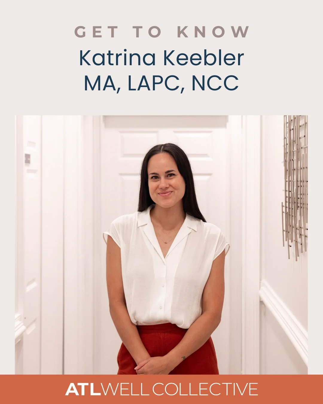 Meet Katrina Keebler MA, LAPC, NCC, a therapist at Atlanta Wellness Collective who works with teens, adults, couples, and families navigating anxiety, grief, life transitions, and relationship challenges. She has a special passion for supporting wome