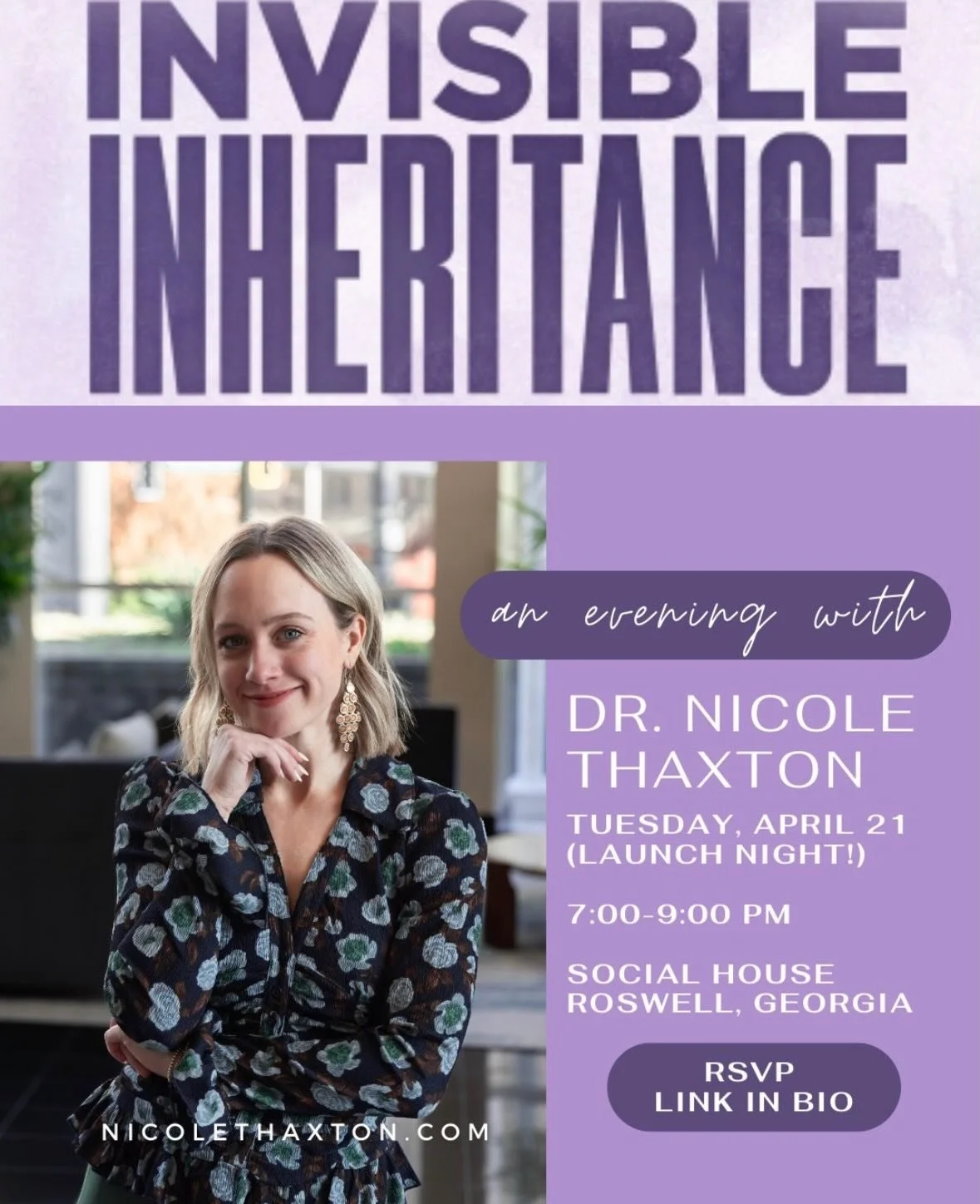 One of our very own founders has exciting news! 🎉

Dr. Nicole Thaxton is celebrating the launch of her very first book, Invisible Inheritance, and you&rsquo;re invited to be part of a meaningful evening right here in the Atlanta area.

Join us on Tu