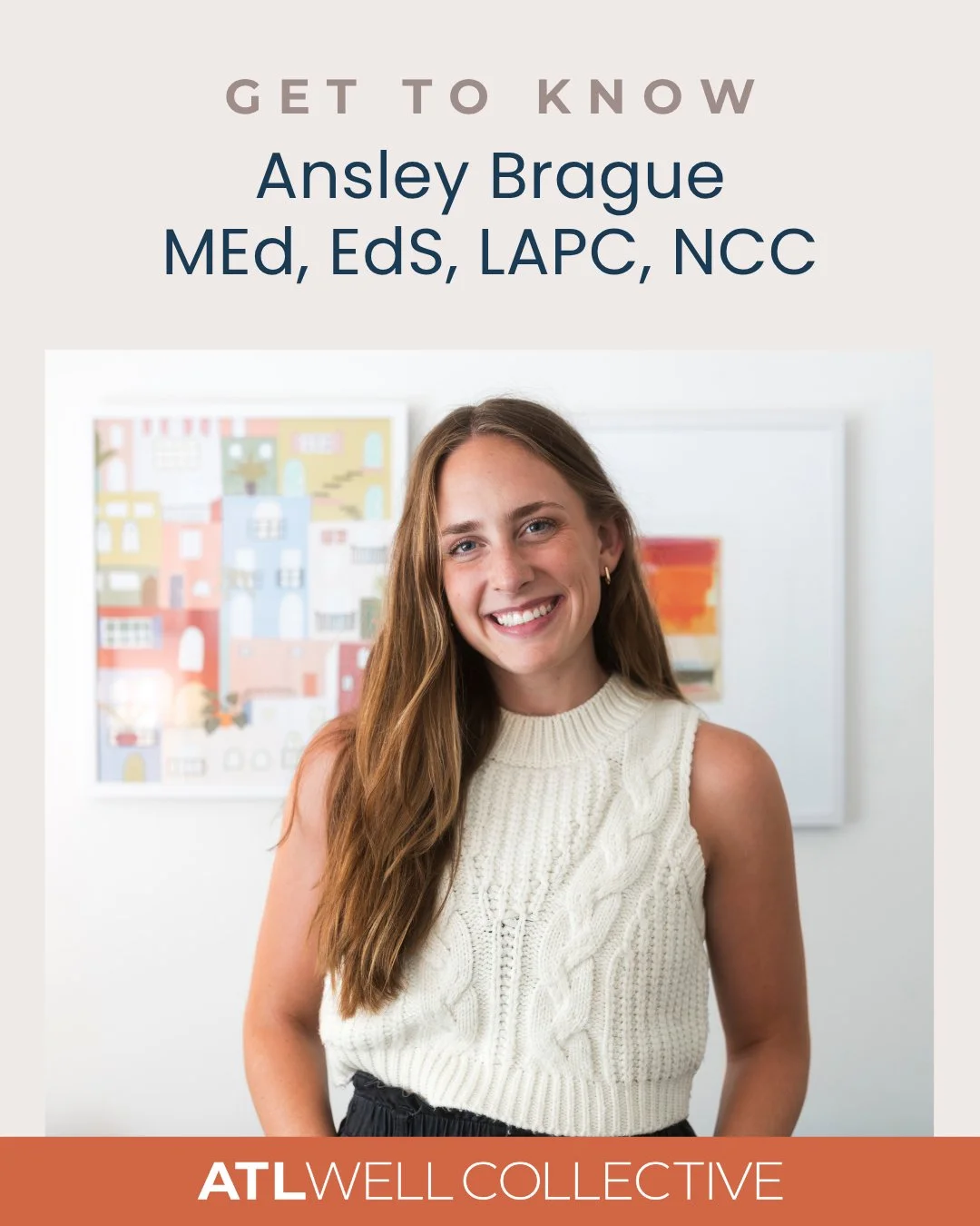 ✨ Meet Ansley! ✨
Ansley Brague, MEd, EdS, LAPC, NCC is a therapist at Atlanta Wellness Collective in Marietta, passionate about supporting kids, teens, and young adults&mdash;especially neurodivergent individuals and high achievers navigating anxiety