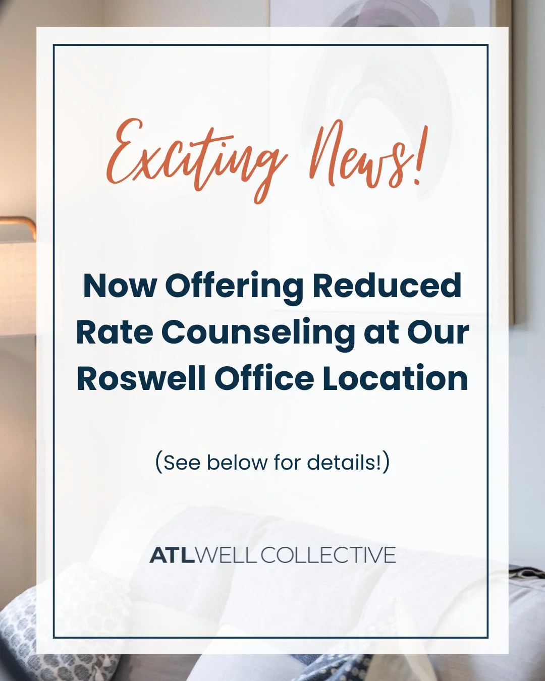 We&rsquo;re excited to now offer reduced rate counseling at our Roswell office with Lauren Ionta!

Lauren provides a warm, supportive space for clients looking to process life&rsquo;s challenges, grow emotionally, and feel more grounded in their ever