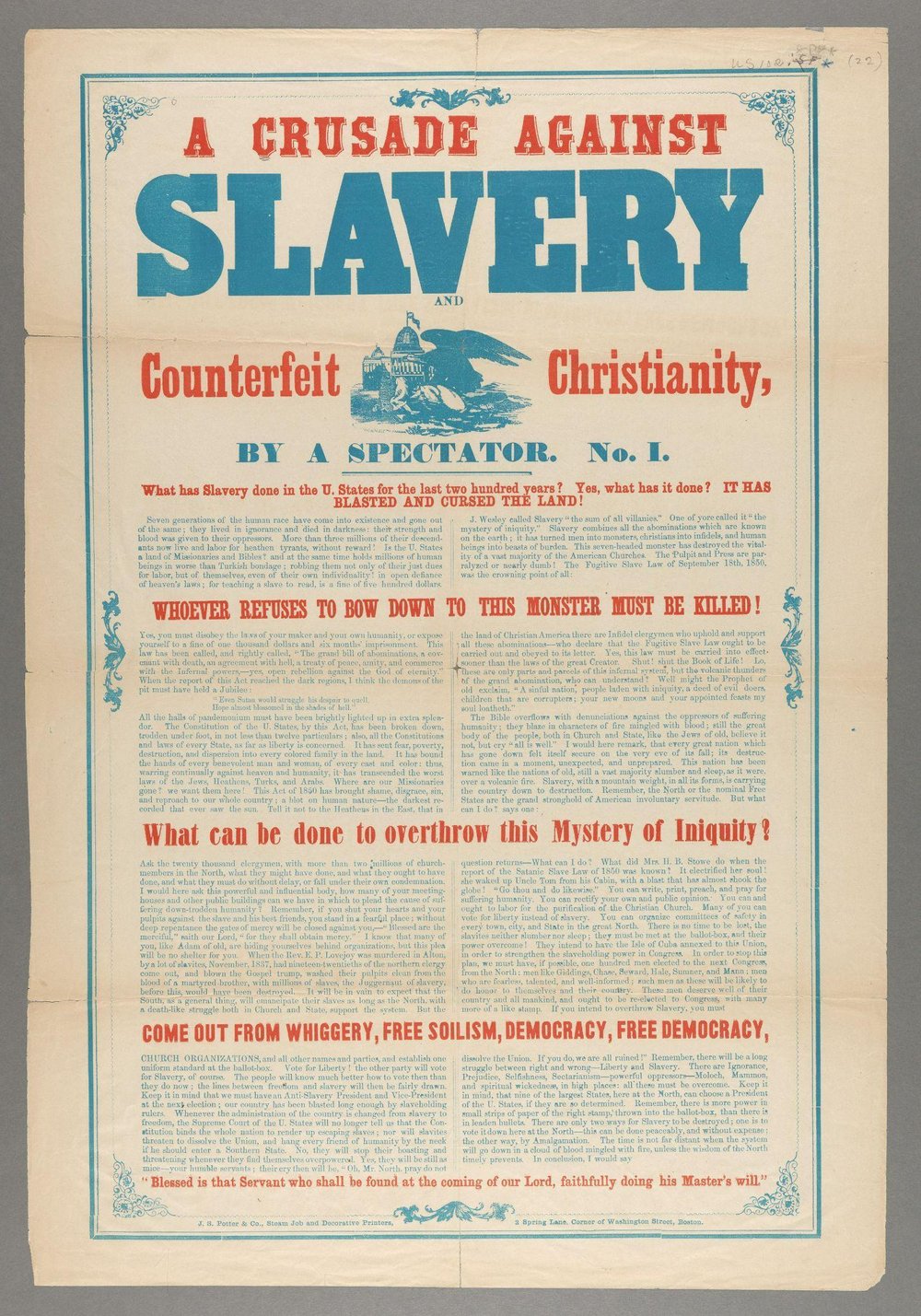  Fig. 1. J. S. Potter &amp; Co., printers. A Crusade against Slavery and Counterfeit Christianity. 1850. Image. https://digitalcollections.library.harvard.edu/catalog/990050995450203941 (accessed May 25, 2022). 