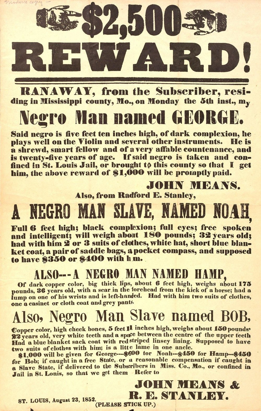  Fig. 3. Means, John, and R. E. Stanley.  $2,500 Reward . August 23, 1852. Image.  http://collections.mohistory.org/resource/216610 &nbsp;(accessed May 25, 2022) 