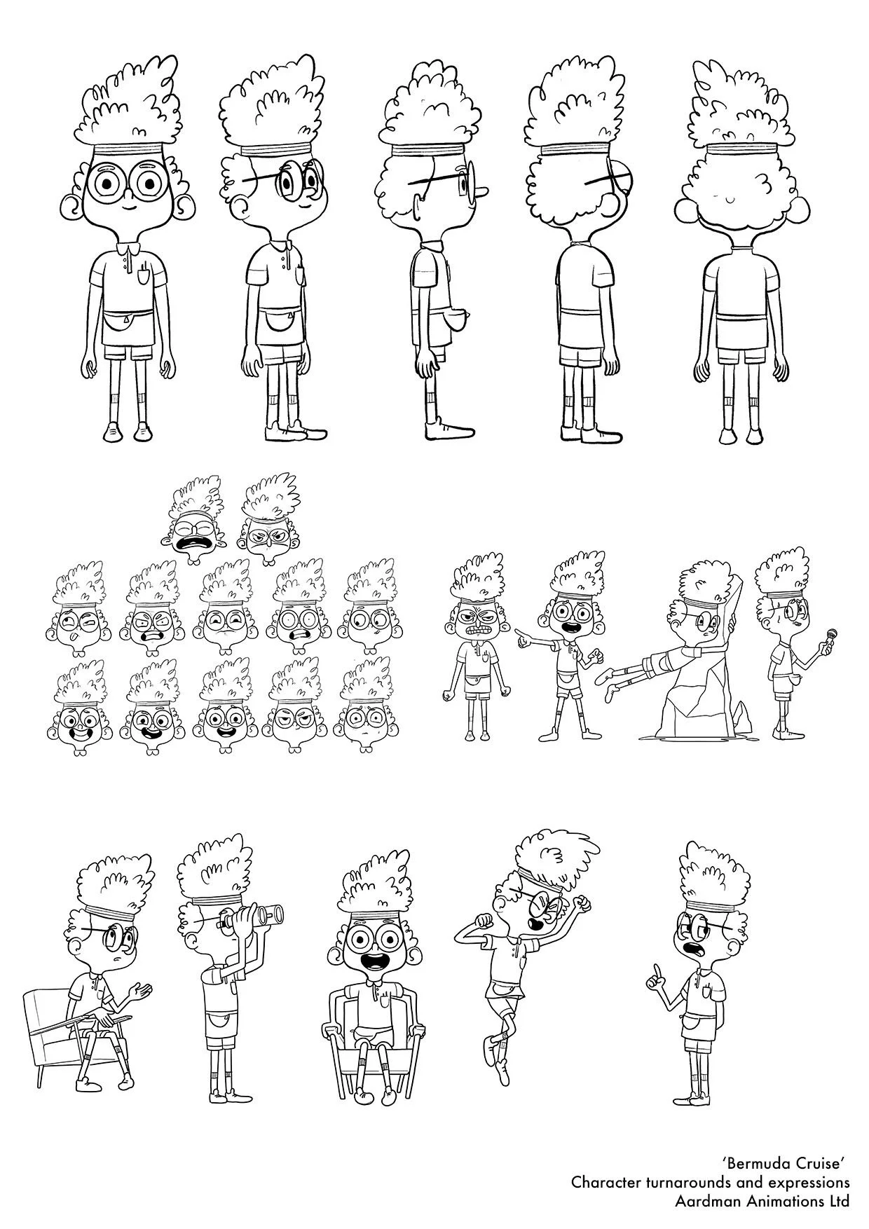 Line drawing of a boy named Bermuda Cruise showing character turnarounds and expressions, including front, side, and back views, various facial expressions, and animated poses.