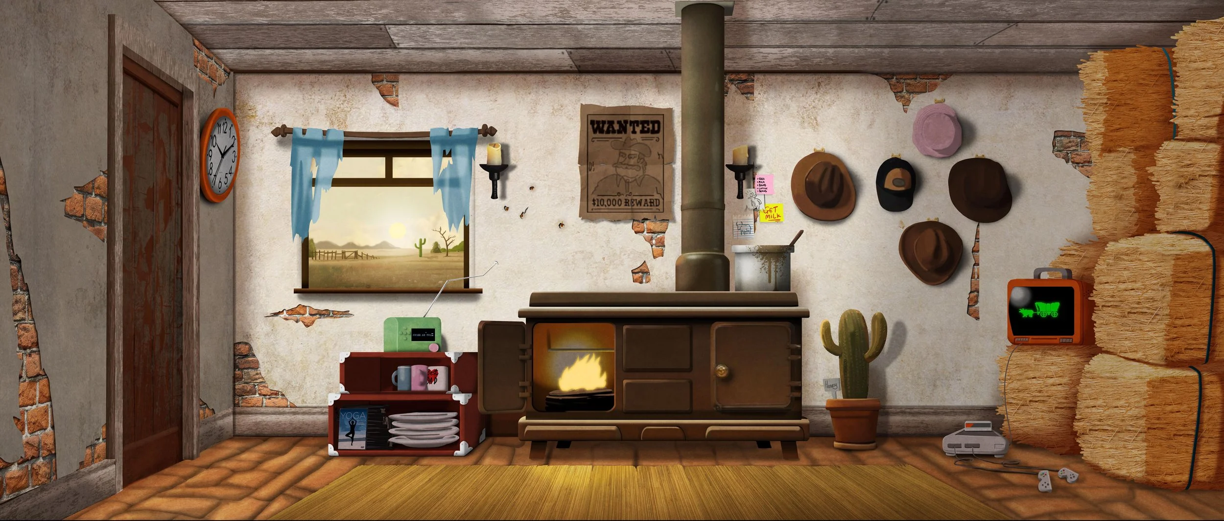 A rustic living room with a wood stove and a couch in a cozy, Western-themed decor. The wall has hanging hats, a wanted poster, and a pink hat. A cactus plant is next to the stove. There is a window showing a desert landscape with a cactus and the sun setting. Stacks of hay bales are on the right, with a small OLED TV showing a green tractor. An old video game console with controllers is on the floor. The room has exposed brick and wooden accents.