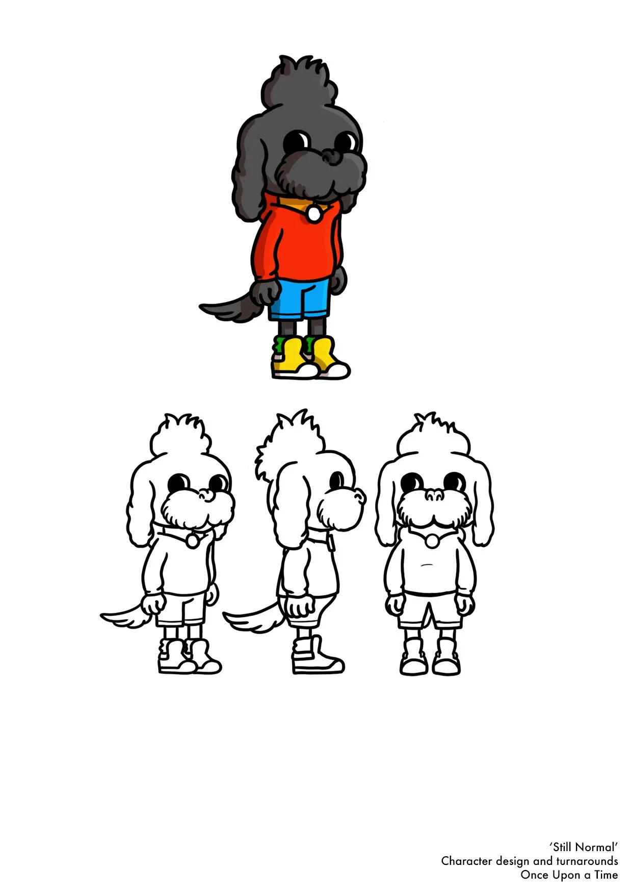 Colorful cartoon drawing of a dog character with a gray fur coat, dressed in a red hoodie, blue shorts, yellow boots, and a yellow collar, standing upright. Below are three black-and-white line art turnarounds of the same character from the front, side, and back.
