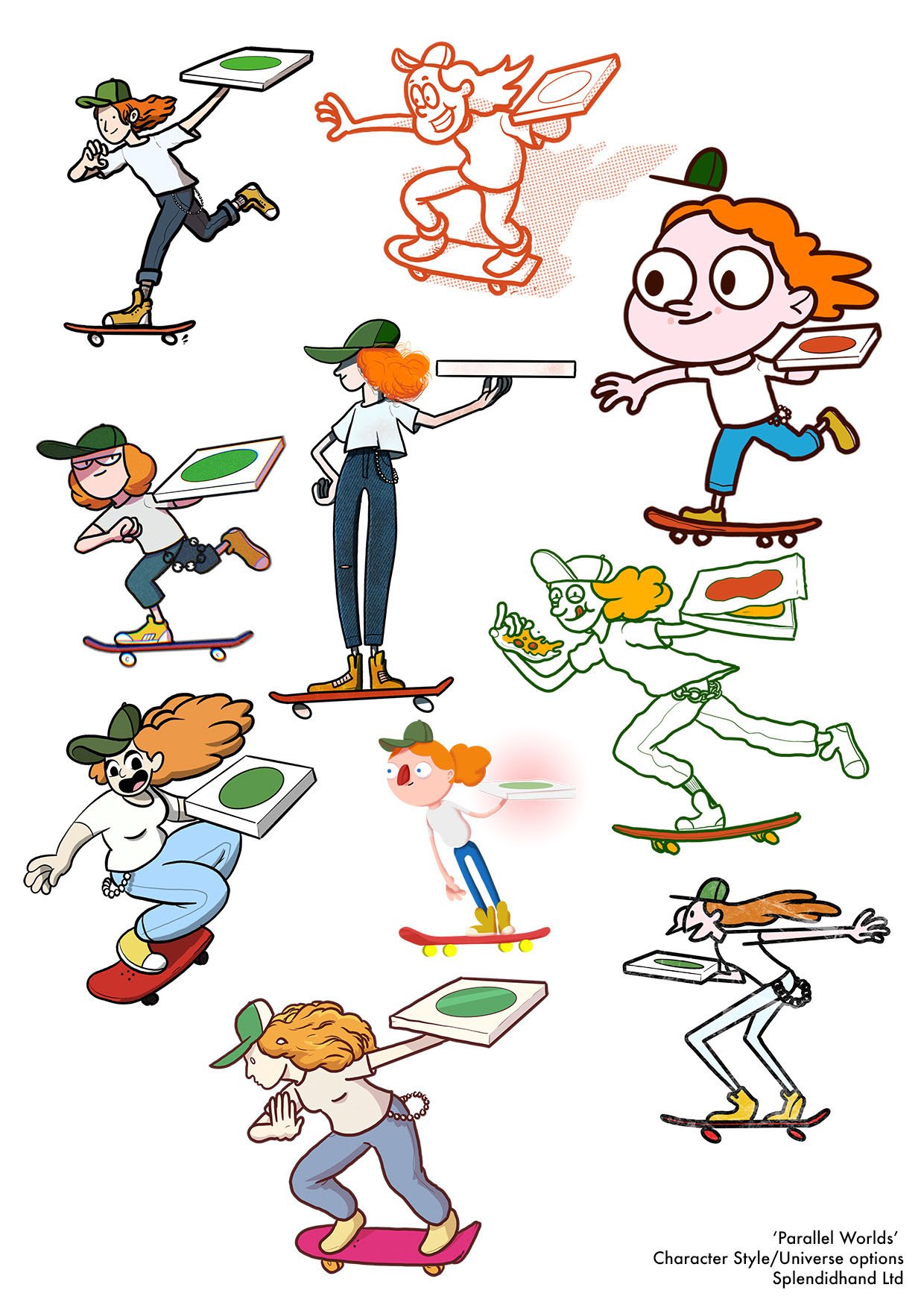 Cartoon characters skateboarding, some holding pizza boxes, with various poses and expressions.