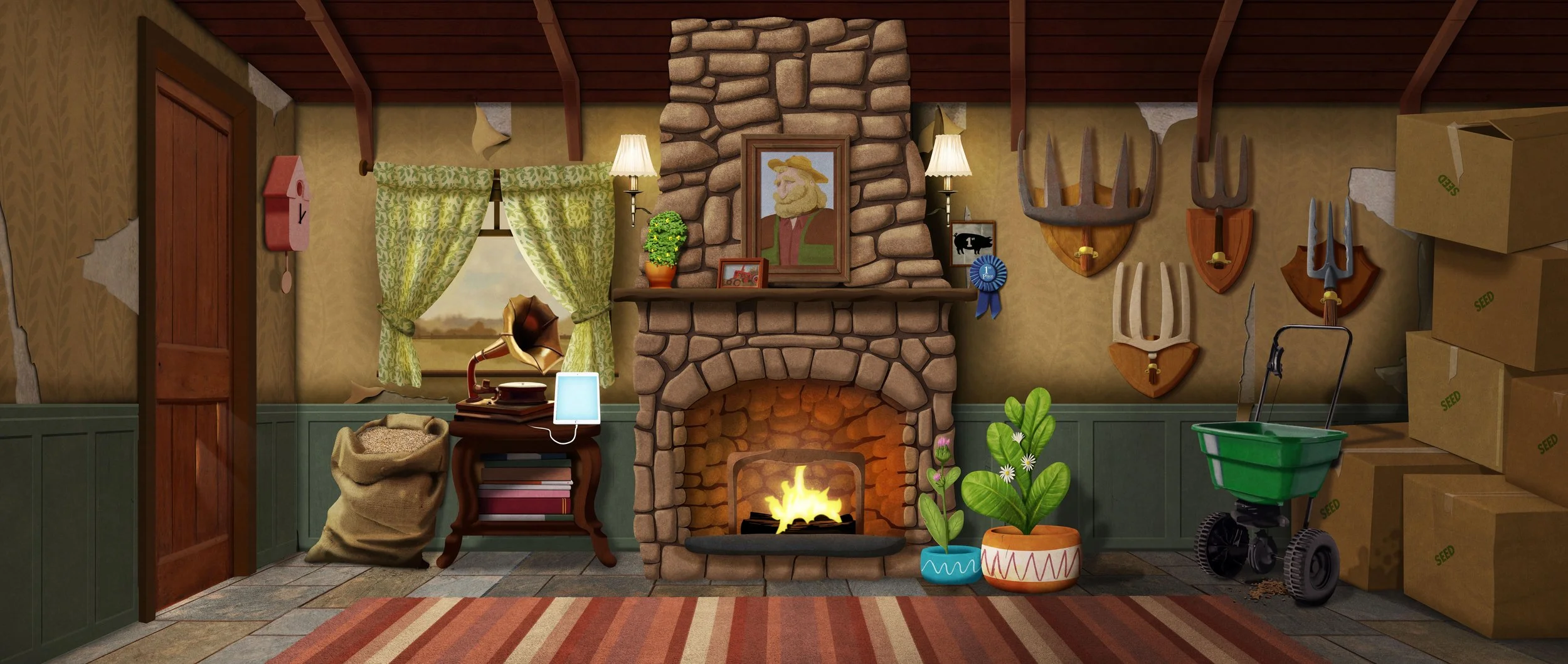 Cozy room with stone fireplace, green curtains, and wooden beams. Contains a pot of plant, a vintage gramophone, a small table with books, cardboard boxes labeled 'SEED', and gardening tools hanging on the wall.