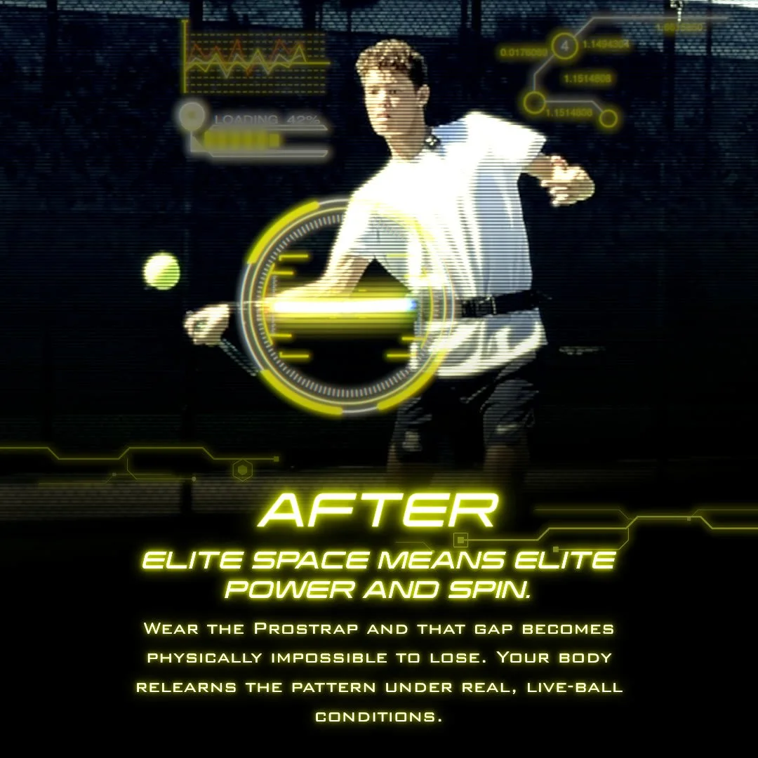 After: player wearing the Prostrap keeps elite elbow spacing for more forehand power and topspin