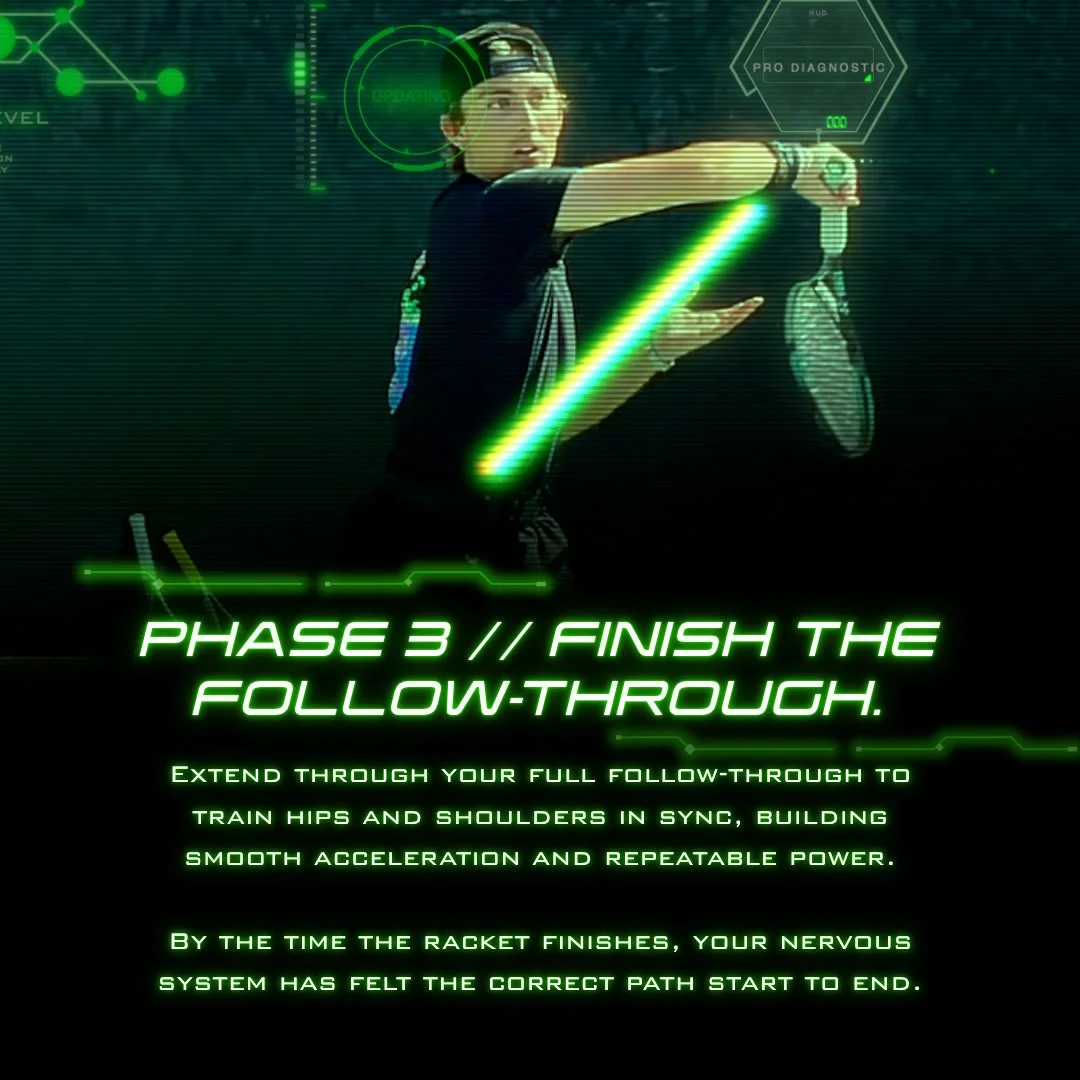 Phase 3 of the forehand with the Prostrap: full follow-through with hips and shoulders in sync