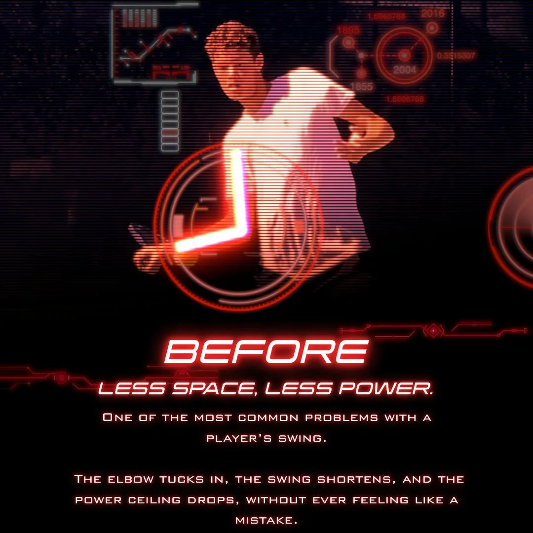 Before: tennis player's elbow tucks in at contact, collapsing spacing and cutting forehand power