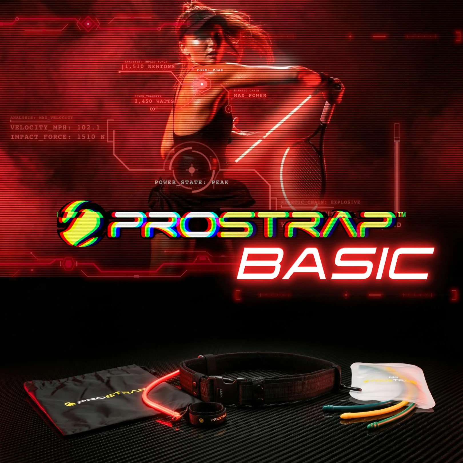 Prostrap BASIC tennis training aid with adjustable wrist-to-hip strap belt, resistance cord and carry bag