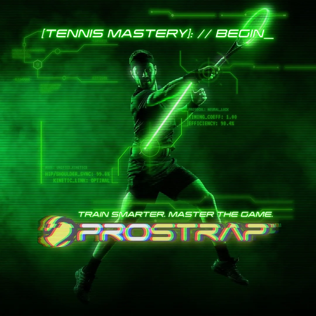 Tennis player training with the Prostrap wrist-to-hip trainer during a live-ball forehand