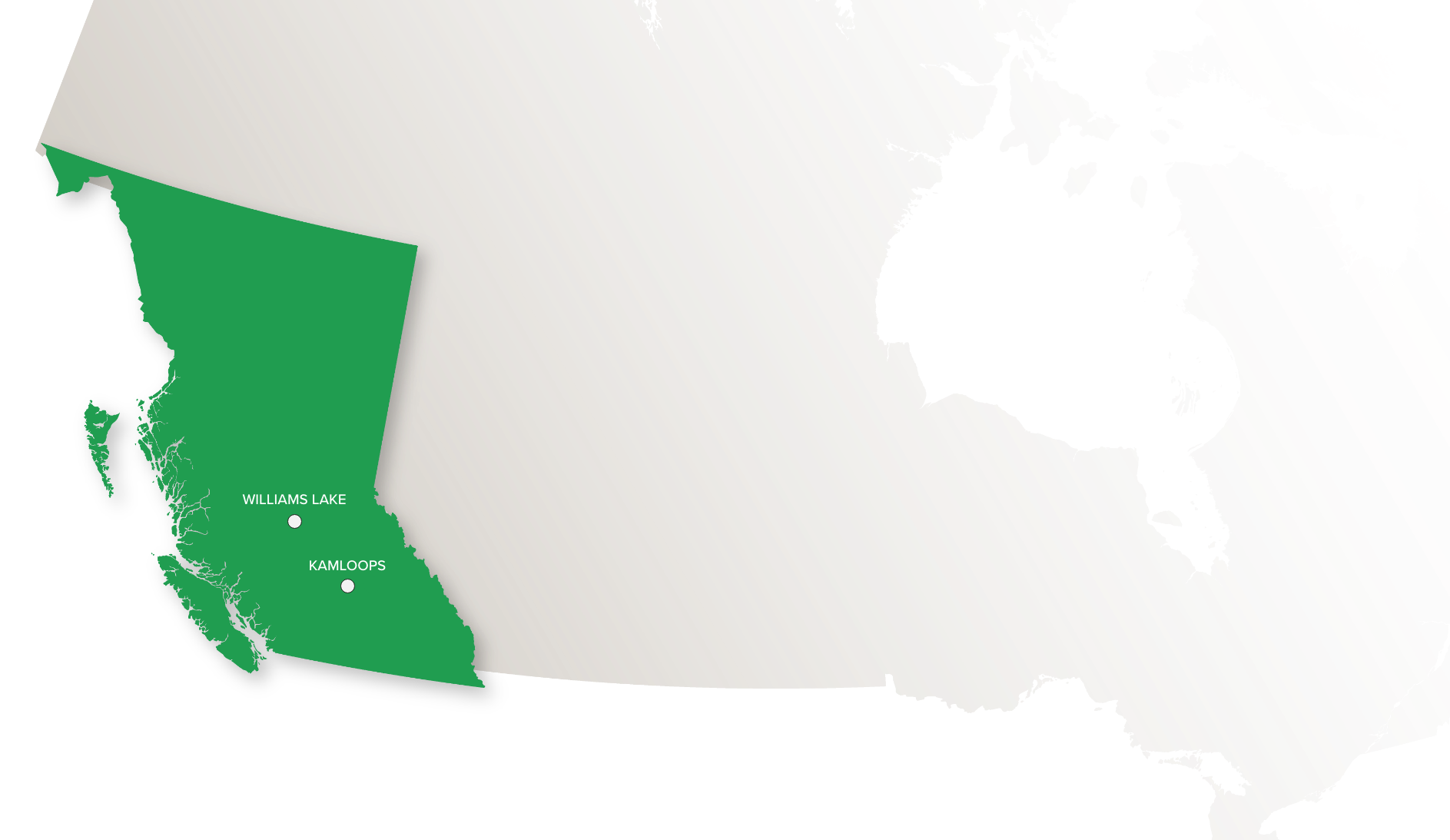 Map showing the province of British Columbia in green with two labeled locations: Williams Lake and Kamloops. The map's background has an abstract pattern of muted pastel colors.