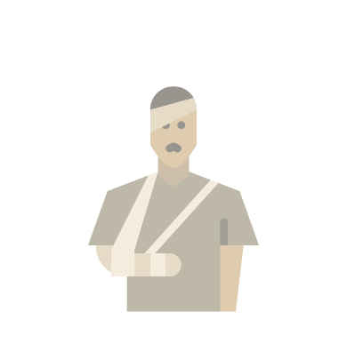 A digital illustration of a person with a shoulder injury, wearing a sling and bandage, with a neutral expression.