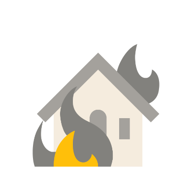Stylized illustration of a house on fire with flames and smoke.